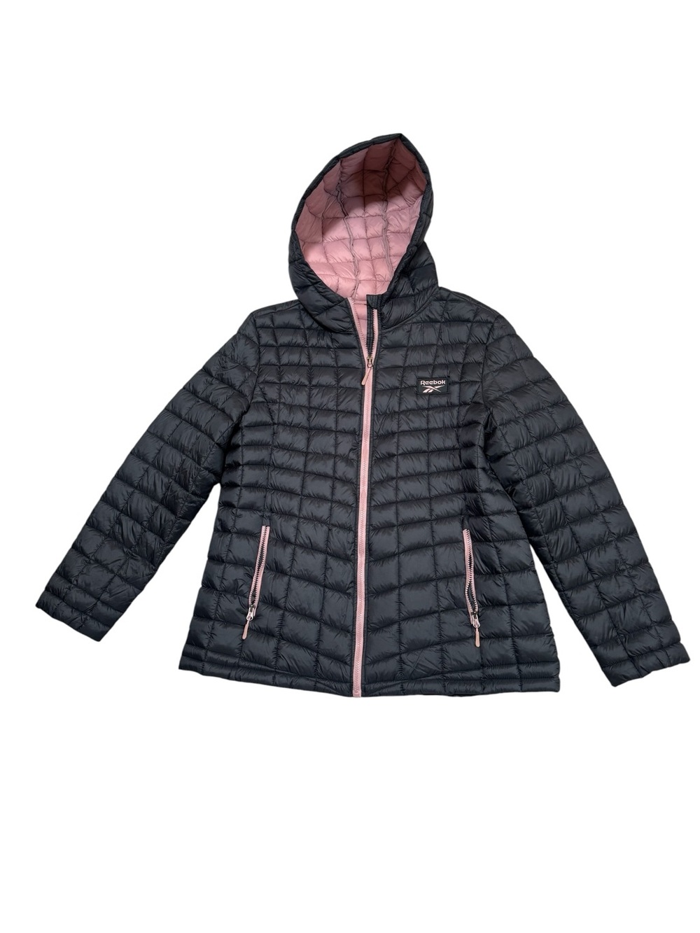 Reebok Lightweight Quilted Hooded Puffer Jacket Charcoal Pink Full Zip XL Coat - Picture 5 of 10